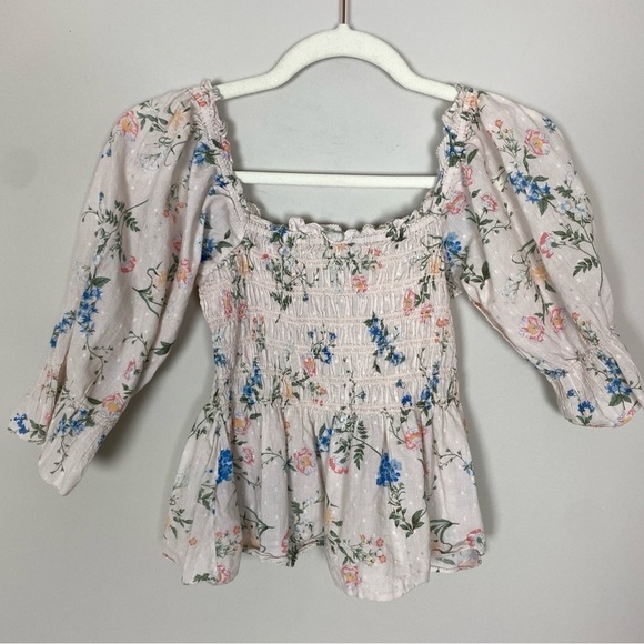 Saylor Clover Smocked Peasant Blouse Top Shirt Womens Medium Pink Floral - Picture 2 of 6